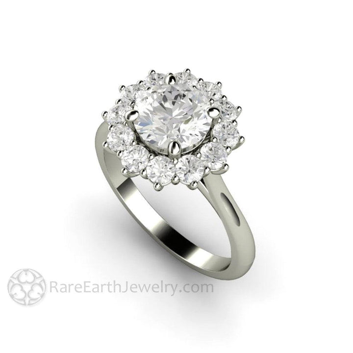 Round Moissanite Cluster Engagement Ring Vintage Style Halo - Rare Earth Jewelry