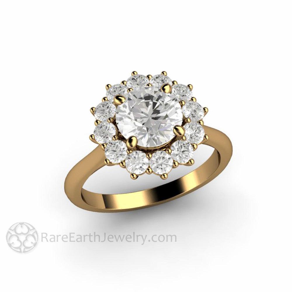 Round Moissanite Cluster Engagement Ring Vintage Style Halo - Rare Earth Jewelry