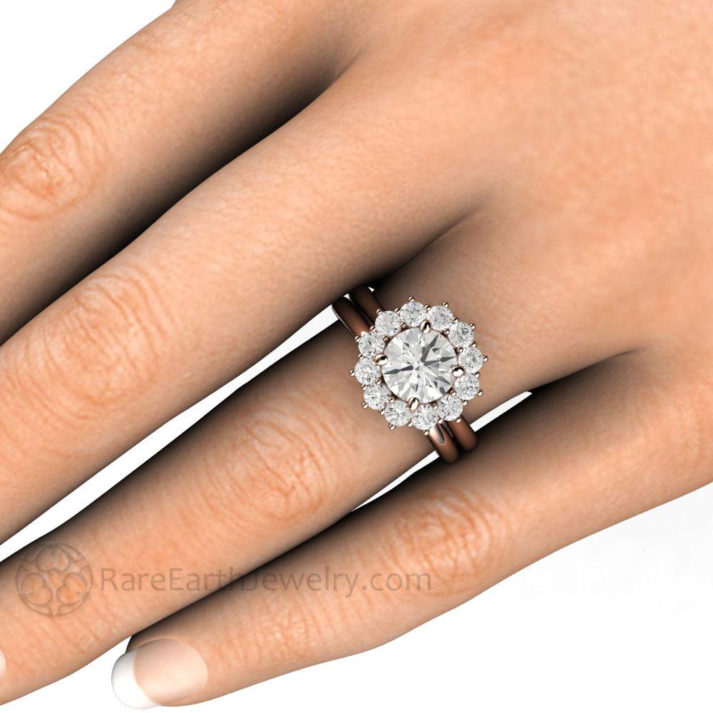 Round Moissanite Cluster Engagement Ring Vintage Style Halo - Rare Earth Jewelry