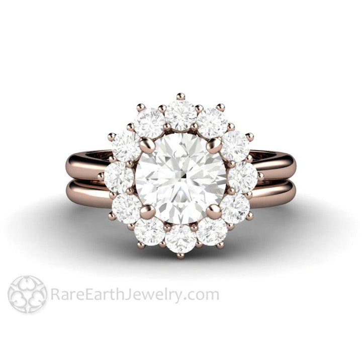 Round Moissanite Cluster Engagement Ring Vintage Style Halo - Rare Earth Jewelry