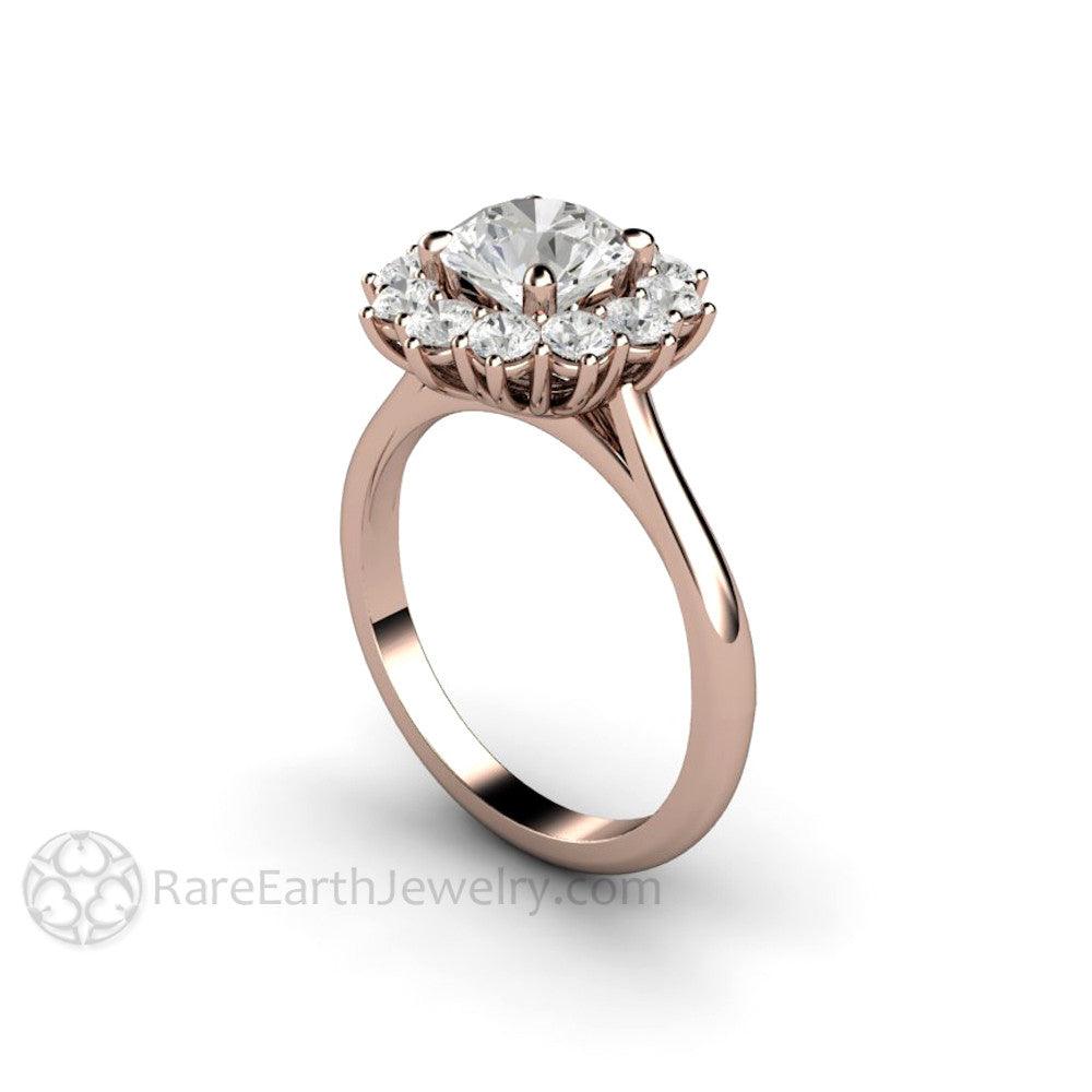 Round Moissanite Cluster Engagement Ring Vintage Style Halo - Rare Earth Jewelry