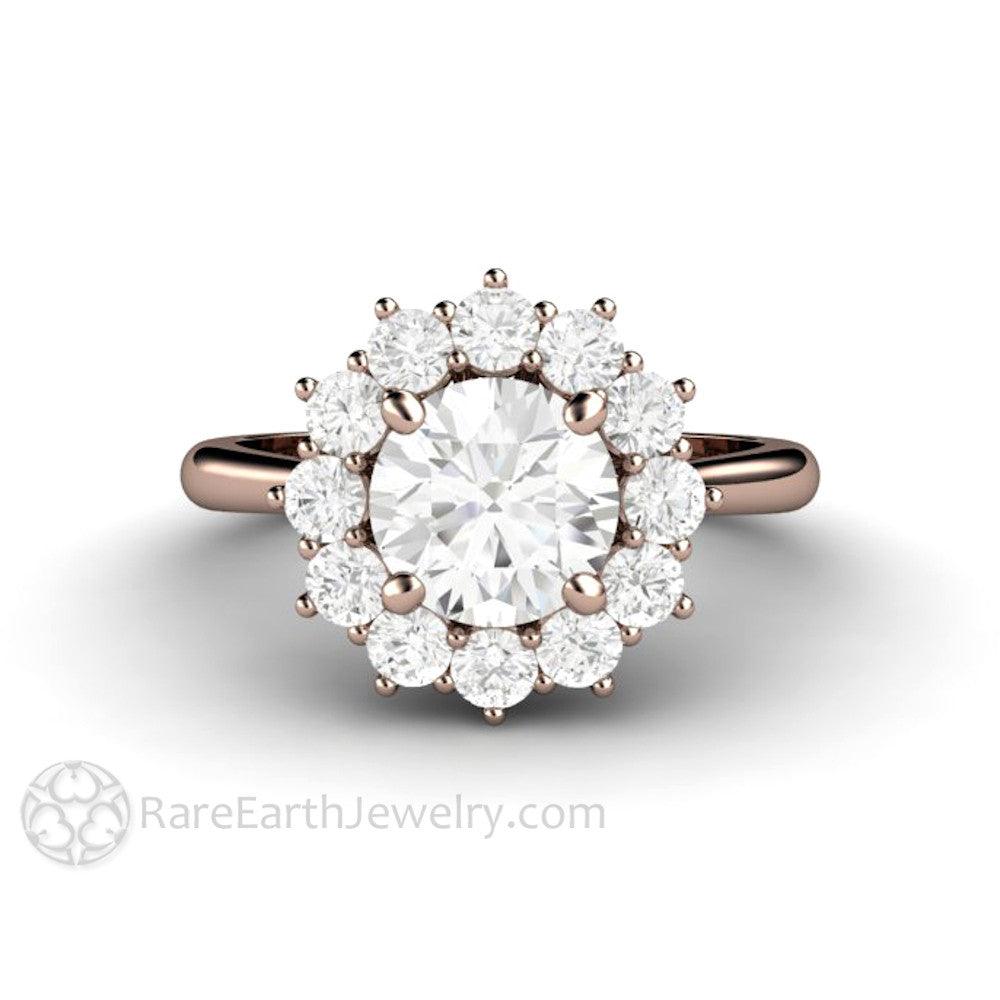 Round Moissanite Cluster Engagement Ring Vintage Style Halo - Rare Earth Jewelry