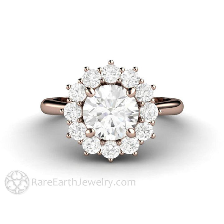 Round Moissanite Cluster Engagement Ring Vintage Style Halo - Rare Earth Jewelry