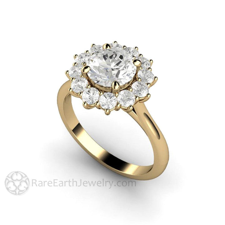 Round Moissanite Cluster Engagement Ring Vintage Style Halo - Rare Earth Jewelry