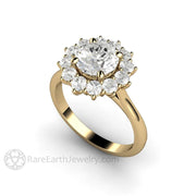 Moissanite Cluster Engagement Ring 7mm Round Forever One Colorless 14K Yellow Gold - Engagement Only - Rare Earth Jewelry