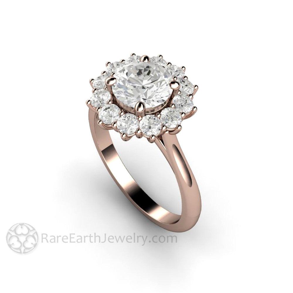 Round Moissanite Cluster Engagement Ring Vintage Style Halo - Rare Earth Jewelry