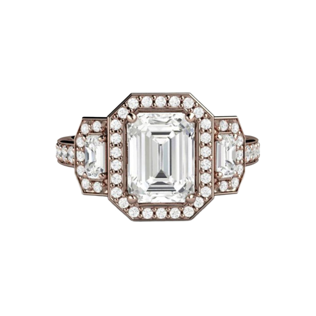 Three Stone Moissanite Engagement Ring in 14K Rose Gold | Emerald Cut Halo with Diamond Accents | Rare Earth Jewelry