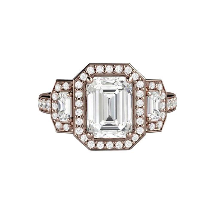 Three Stone Moissanite Engagement Ring in 14K Rose Gold | Emerald Cut Halo with Diamond Accents | Rare Earth Jewelry