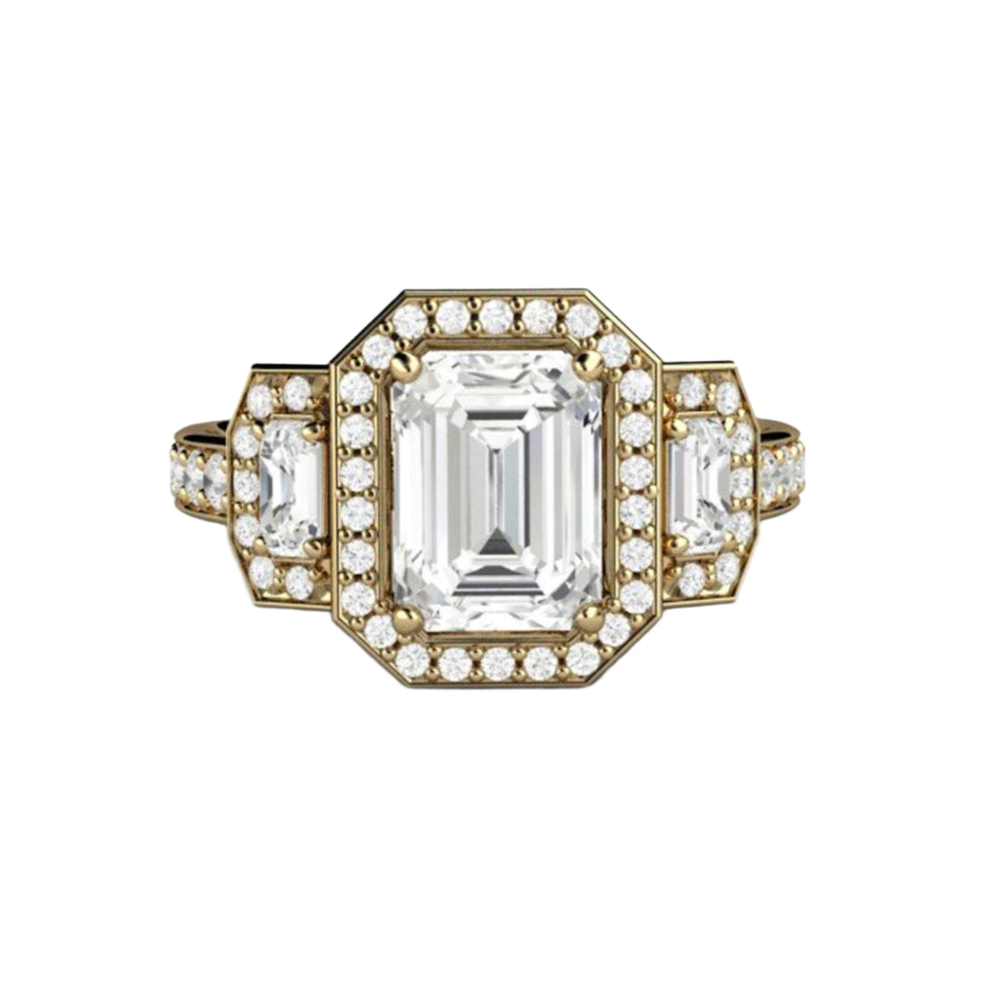 Three Stone Moissanite Engagement Ring in 14K Yellow Gold | Emerald Cut Halo with Diamond Accents | Rare Earth Jewelry