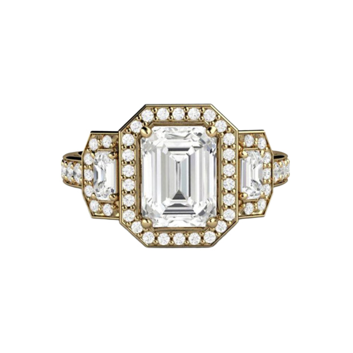 Three Stone Moissanite Engagement Ring in 14K Yellow Gold | Emerald Cut Halo with Diamond Accents | Rare Earth Jewelry