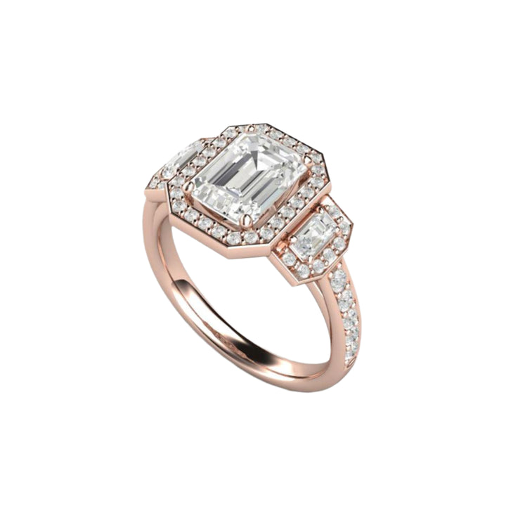 Three Stone Moissanite Engagement Ring in 18K Rose Gold | Emerald Cut Halo with Diamond Accents | Rare Earth Jewelry