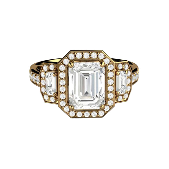 Three Stone Moissanite Engagement Ring in 18K Yellow Gold | Emerald Cut Moissanite Halo Ring with Diamond Accents | Rare Earth Jewelry