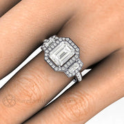 Moissanite Engagement Ring 3 Stone Emerald Cut Halo Platinum - Engagement Only - Rare Earth Jewelry
