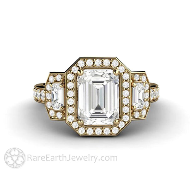 Moissanite Engagement Ring 3 Stone Emerald Cut Halo 14K Yellow Gold - Engagement Only - Rare Earth Jewelry