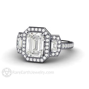 Moissanite Engagement Ring 3 Stone Emerald Cut Halo 18K White Gold - Engagement Only - Rare Earth Jewelry