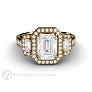 Moissanite Engagement Ring 3 Stone Emerald Cut Halo 18K Yellow Gold - Engagement Only - Rare Earth Jewelry