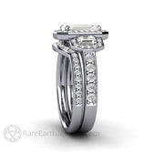 Moissanite Engagement Ring 3 Stone Emerald Cut Halo 14K White Gold - Wedding Set - Rare Earth Jewelry
