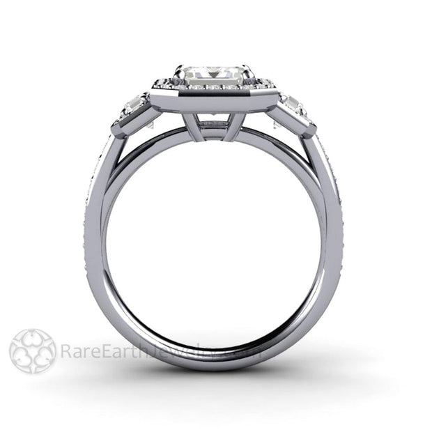 Moissanite Engagement Ring 3 Stone Emerald Cut Halo Platinum - Engagement Only - Rare Earth Jewelry