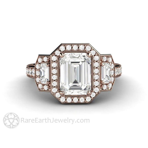 Moissanite Engagement Ring 3 Stone Emerald Cut Halo 14K Rose Gold - Engagement Only - Rare Earth Jewelry