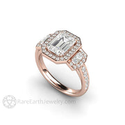 Moissanite Engagement Ring 3 Stone Emerald Cut Halo 18K Rose Gold - Engagement Only - Rare Earth Jewelry