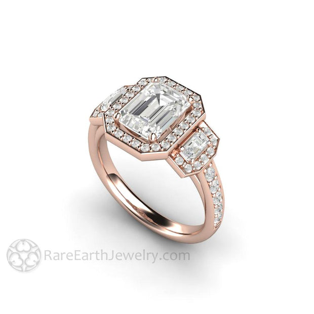 Moissanite Engagement Ring 3 Stone Emerald Cut Halo | Rare Earth Jewelry