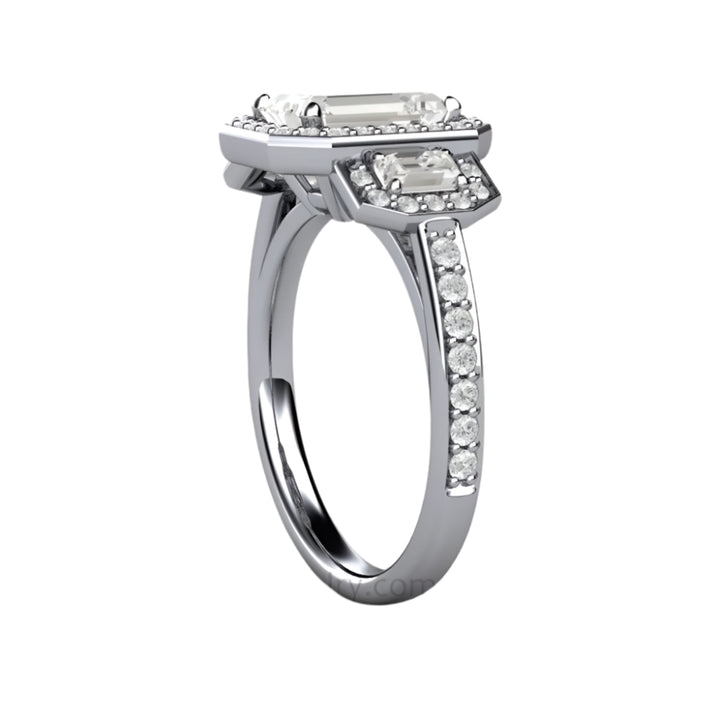Moissanite Three Stone Engagement Ring | Emerald Cut Moissanite Halo Ring with Diamond Accents | Rare Earth Jewelry