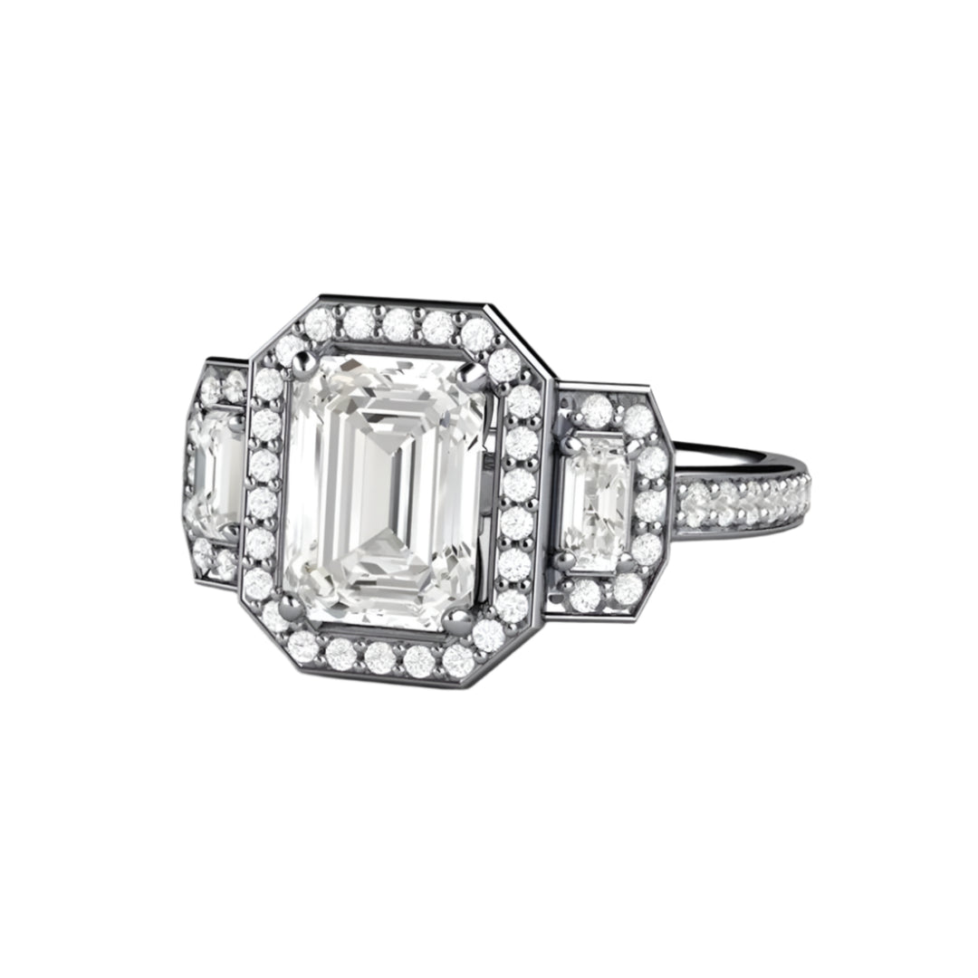 Moissanite Emerald Cut Engagement Ring | Three Stone Style with Halo in Gold or Platinum | Rare Earth Jewelry