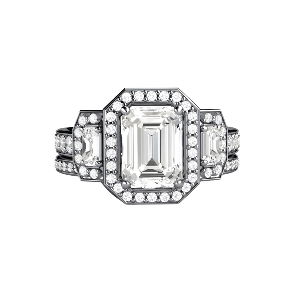 Three Stone Moissanite Engagement Ring | Emerald Cut Moissanite Halo Bridal Set in Gold or Platinum | Rare Earth Jewelry