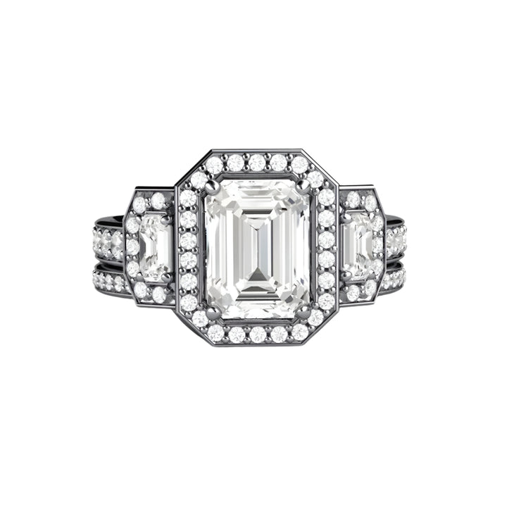 Three Stone Moissanite Engagement Ring | Emerald Cut Moissanite Halo Bridal Set in Gold or Platinum | Rare Earth Jewelry