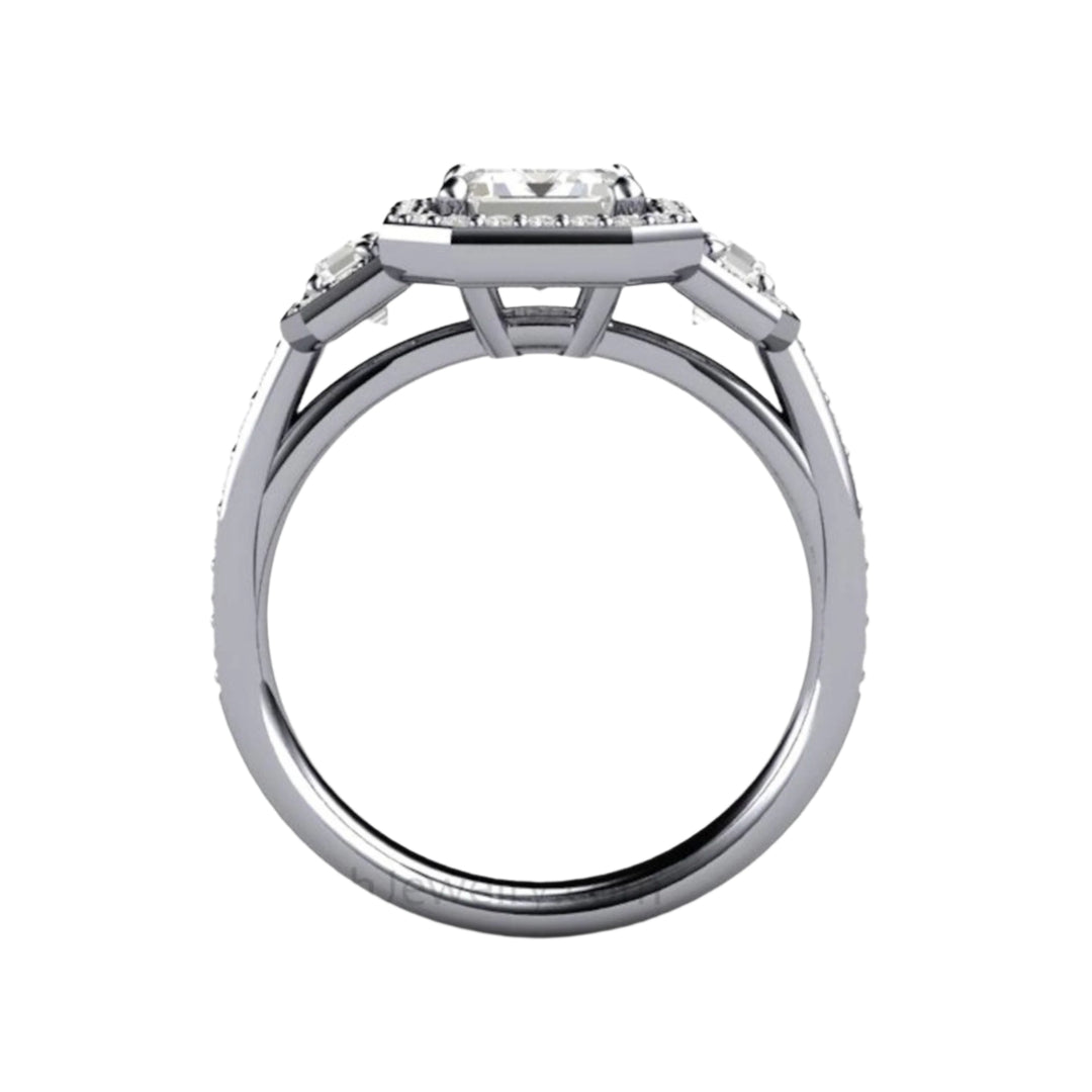Profile View of Three Stone Moissanite Engagement Ring | Emerald Cut Halo Cathedral Setting with Diamond Accents | Rare Earth Jewelry