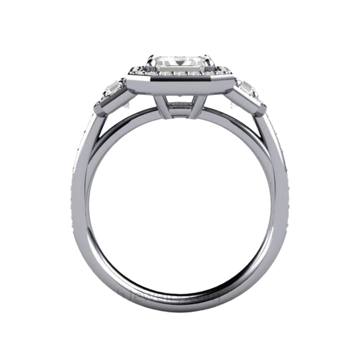 Profile View of Three Stone Moissanite Engagement Ring | Emerald Cut Halo Cathedral Setting with Diamond Accents | Rare Earth Jewelry