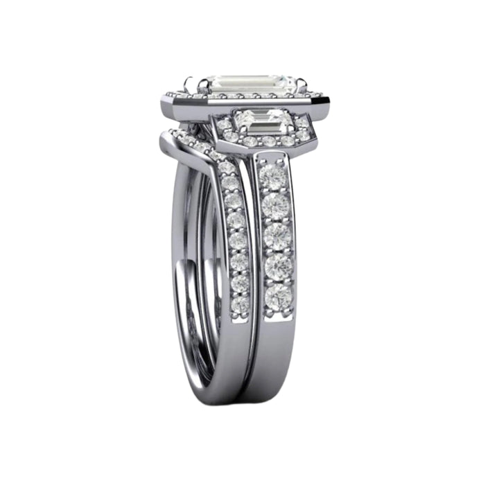 Three Stone Moissanite Engagement Ring | Emerald Cut Moissanite Halo Wedding Set Side View with Diamond Accents | Rare Earth Jewelry