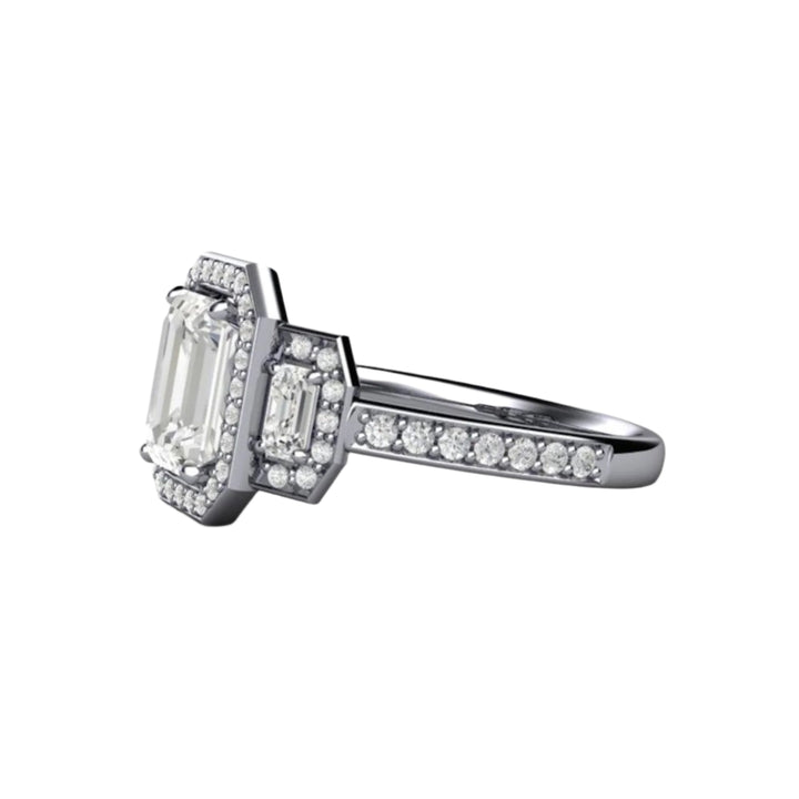 Side View of 3 Stone Moissanite Engagement Ring | Emerald Cut Halo with Diamond Accents in Gold or Platinum | Rare Earth Jewelry