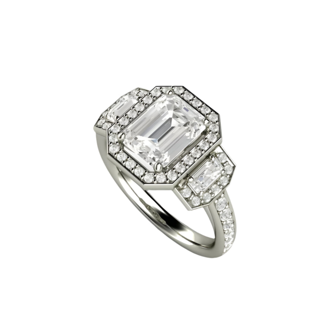 3 Stone Moissanite Engagement Ring in White Gold | Emerald Cut Halo with Diamond Accents | Rare Earth Jewelry