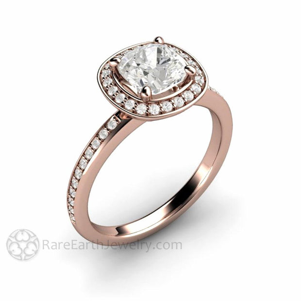 Moissanite Engagement Ring Cushion Cut Forever One with Diamond Halo 18K Rose Gold - Rare Earth Jewelry