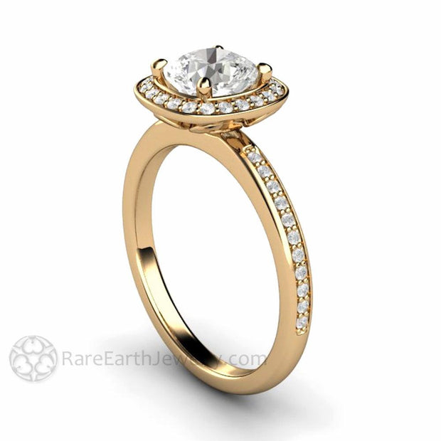Moissanite Engagement Ring Cushion Cut Forever One with Diamond Halo 14K Yellow Gold - Rare Earth Jewelry