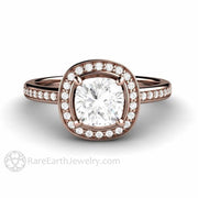 Moissanite Engagement Ring Cushion Cut Forever One with Diamond Halo 14K Rose Gold - Rare Earth Jewelry