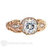 Moissanite Engagement Ring Vintage Diamond Halo Art Nouveau 14K Rose Gold - Rare Earth Jewelry