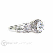 Moissanite Engagement Ring Vintage Diamond Halo Art Nouveau 18K White Gold - Rare Earth Jewelry