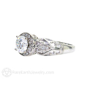 Moissanite Engagement Ring Vintage Diamond Halo Art Nouveau 14K White Gold - Rare Earth Jewelry