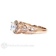 Moissanite Engagement Ring Vintage Diamond Halo Art Nouveau 18K Rose Gold - Rare Earth Jewelry