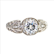 Moissanite Engagement Ring Vintage Diamond Halo Art Nouveau Platinum - Rare Earth Jewelry