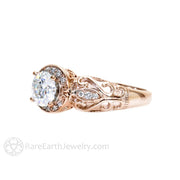 Moissanite Engagement Ring Vintage Diamond Halo Art Nouveau 18K Rose Gold - Rare Earth Jewelry