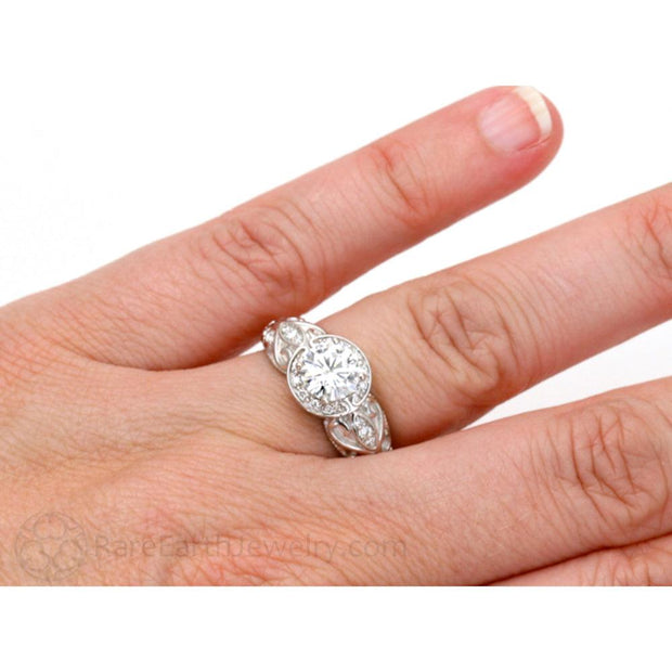 Moissanite Engagement Ring Vintage Diamond Halo Art Nouveau 14K White Gold - Rare Earth Jewelry