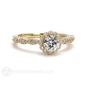 Moissanite Engagement Ring Vintage Style Diamond Halo 18K Yellow Gold - Rare Earth Jewelry