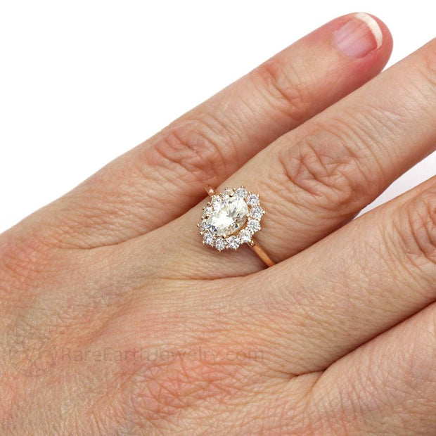 Moissanite Oval Halo Engagement Ring Vintage Cluster Style 14K Rose Gold - Rare Earth Jewelry