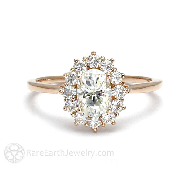 Moissanite Oval Halo Engagement Ring Vintage Cluster Style 18K Rose Gold - Rare Earth Jewelry