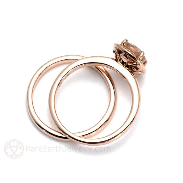 Morganite Bridal Set Cushion Cut Engagement Ring with Diamond Halo 14K Rose Gold - Rare Earth Jewelry