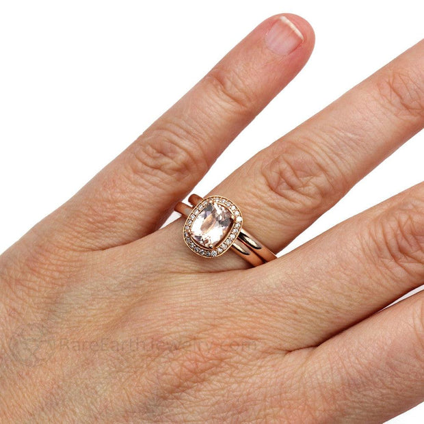 Morganite Bridal Set Cushion Cut Engagement Ring with Diamond Halo 14K Rose Gold - Rare Earth Jewelry