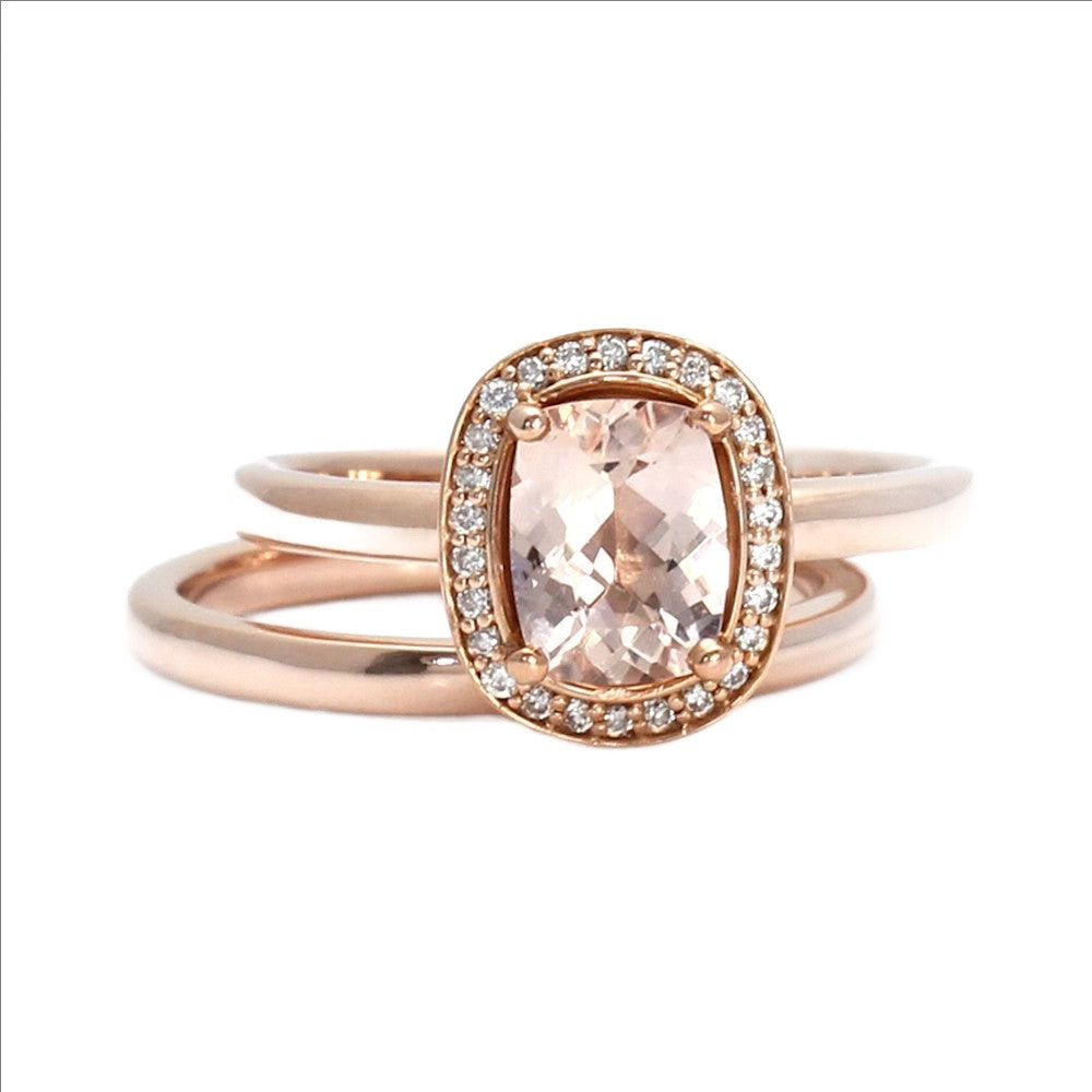 Morganite Cushion Cut Engagement Ring Diamond Halo Wedding Set - Rare Earth Jewelry